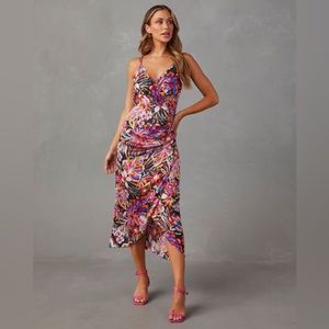 VICI Date To Remember Satin Floral Wrap Midi Dress